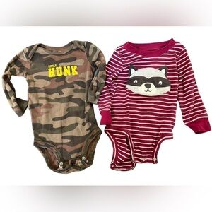 2 Carters longsleeve baby onesies camo “Little Hunk” striped red & white raccoon